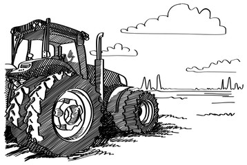 Tractor on a field. Vector freehand linear ink hand drawn picture.
