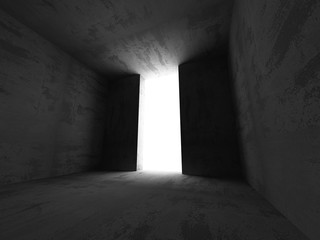 Dark concrete walls room interior with exit light. Architecture