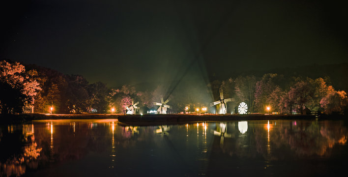 Night scene - Dumbrava lake, Astra Museum of Traditional Folk Civilization, Sibiu city, Romania 