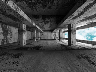 Concrete architecture background. Abstract empty room with sky