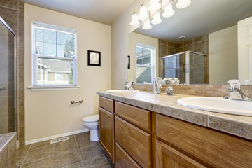 Fototapeta na wymiar Bathroom interior in beige and brown colors.