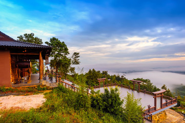 Sunrise over Linh Qui Phap An buddhist pagoda in Bao Loc city, Lam Dong province, Vietnam.