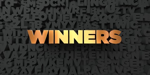 Winners - Gold text on black background - 3D rendered royalty free stock picture. This image can be used for an online website banner ad or a print postcard.