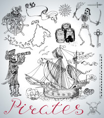 Design set with pirates, ship, skeleton and vintage sea symbols