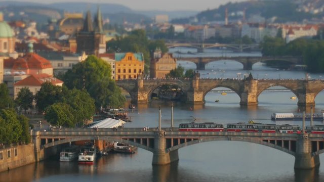 Beautiful evening view of Prague's center part with bridges above Vltava river