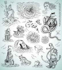 Design collection with sea mythologycal creatures, ships, mermaid and symbols © samiramay