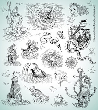 Design collection with sea mythologycal creatures, ships, mermaid and symbols