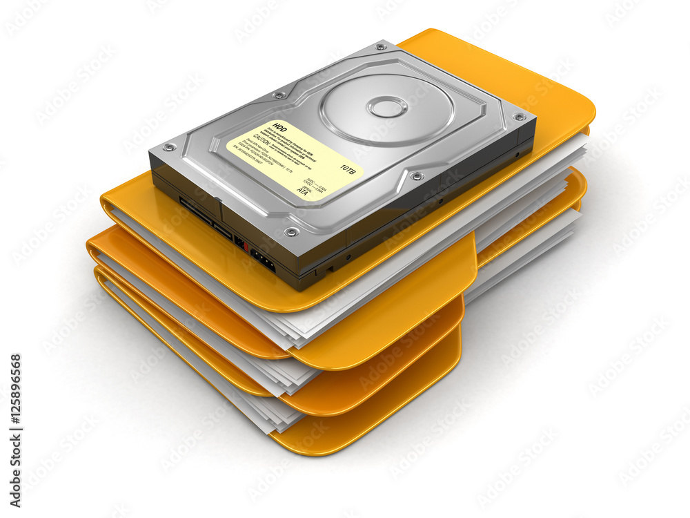 Poster folders and files with hard drive. image with clipping path