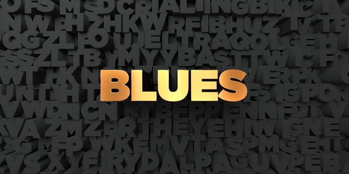 Blues - Gold text on black background - 3D rendered royalty free stock picture. This image can be used for an online website banner ad or a print postcard.