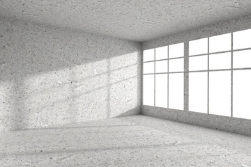 Empty spotted concrete room corner with windows interior