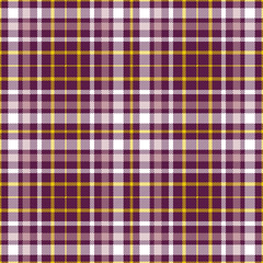 Seamless tartan plaid pattern in golden yellow, grayish salmon pink & white stripes on dark tyrian purple background. 