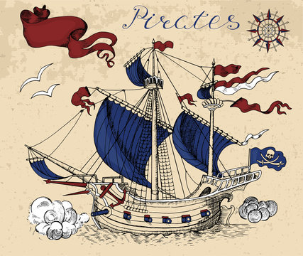 Vintage illustration with pirate ship, wind compass and banner