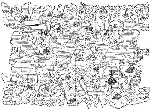 Black and white illustration of pirate map of fantasy land