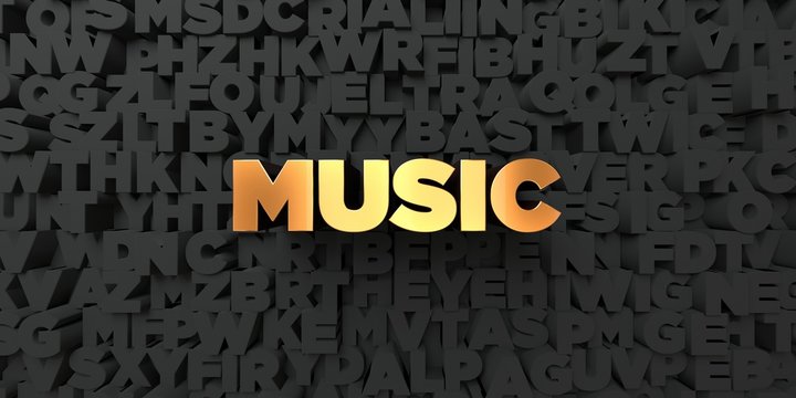 Music - Gold text on black background - 3D rendered royalty free stock picture. This image can be used for an online website banner ad or a print postcard.