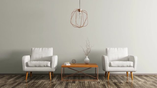 Interior of living room with coffee table, white armchairs and copper lamp 3d animation