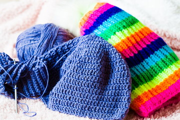 Knitting. Multicolor hats, crochet and knitting, hat rainbow clo