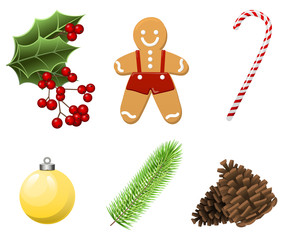 Cristmas Set with traditional realistic cartoon food and things, gingerbread man, candy, branch, christmas ball, berries