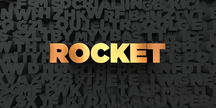 Rocket - Gold text on black background - 3D rendered royalty free stock picture. This image can be used for an online website banner ad or a print postcard.