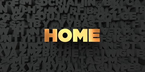 Home - Gold text on black background - 3D rendered royalty free stock picture. This image can be used for an online website banner ad or a print postcard.