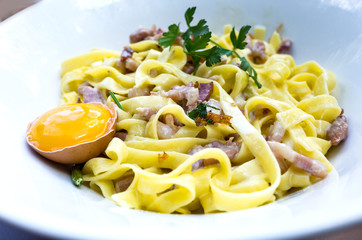 tasty Carbonara pasta on the table