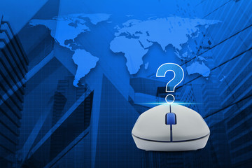 Wireless computer mouse with question mark sign icon over map an