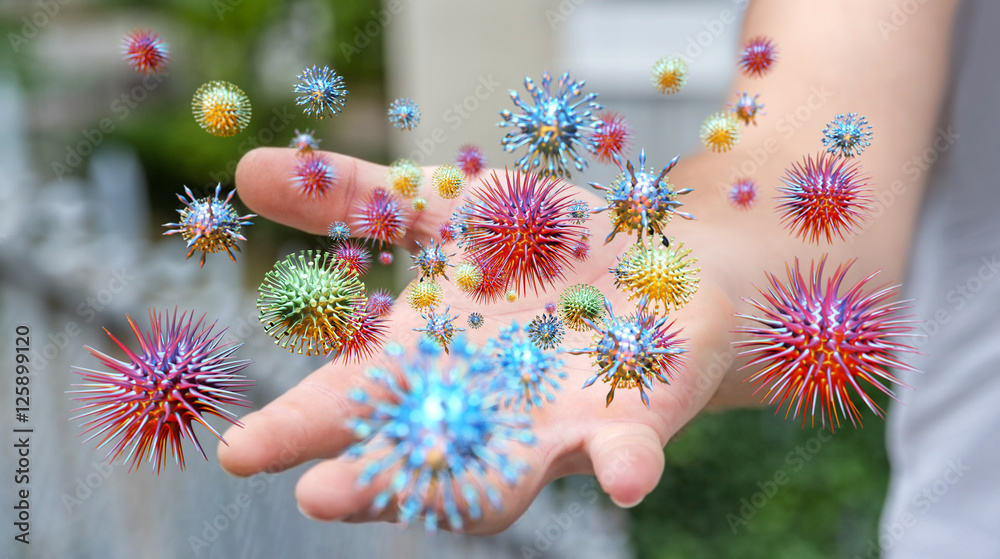 Poster close up on a sick man hand transmitting virus 3d rendering