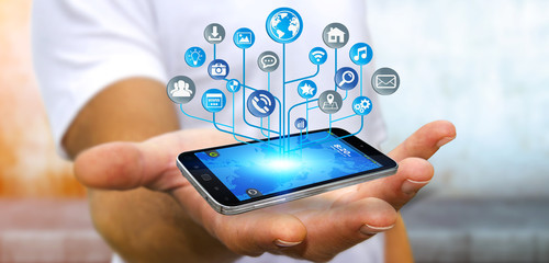 Businessman using modern digital electronic circuit with icons o