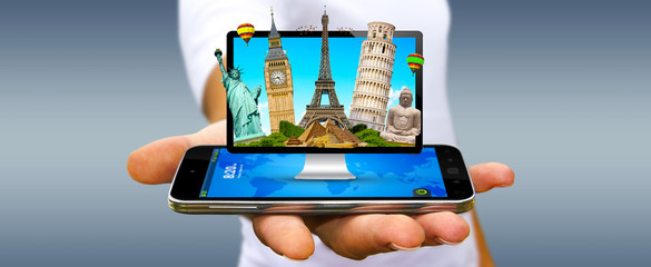 Man travelling the world with his computer