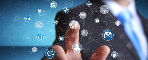 Businessman touching multimedia network 3D rendering