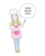 Young woman chef gives advice. Cute vector illustration.