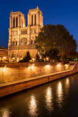 Notre Dame de Paris cathedral illuminated at twilight with the Seine River on Ile de La Cite. Summer evening in the 4th Arrondissement, Paris, France