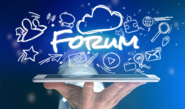 Concept of man holding tablet with forum icon around