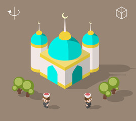 Set of Isolated Isometric Minimal City Elements. Mosque with Shadows on Dark Background.