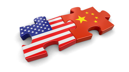 USA and China puzzle from flags. Image with clipping path