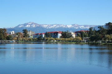 Fototapeta na wymiar Lake with mountains in Batumi, Georgia