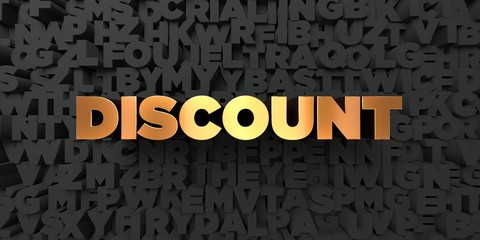 Discount - Gold text on black background - 3D rendered royalty free stock picture. This image can be used for an online website banner ad or a print postcard.