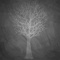 White silhouette of a big bare tree on black textured background. Grunge style vector illustration.