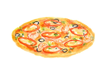 Isolated watercolor pizza on white background. Tasty italian snack or street food. Italian cuisine.