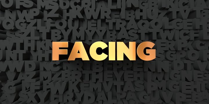 Facing - Gold text on black background - 3D rendered royalty free stock picture. This image can be used for an online website banner ad or a print postcard.