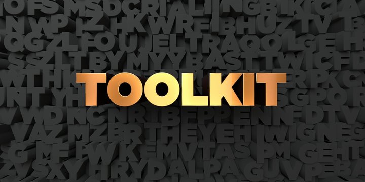 Toolkit - Gold text on black background - 3D rendered royalty free stock picture. This image can be used for an online website banner ad or a print postcard.