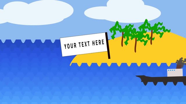 Animation. Ship sails along islands with sign "your text here"in ocean. On island are palm trees, clouds in sky, waves of sea.