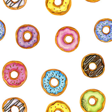 seamless pattern with donuts drawing in watercolor