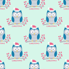 Christmas owls. Vector seamless pattern with flat winter birds sitting on a brunch with pink berries. Cute owls with Christmas hat. Nice background for kids and adult.