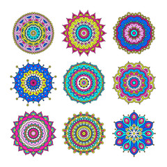 Set of colorful doodle mandalas. Circle lace ornament. Vector hand drawn ethnic floral pattern. Abstract tribal flowers set. Bright color elements on white background. - 125905163