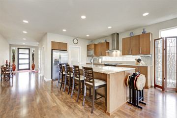 Bright modern open plan kitchen room interior