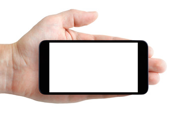 Smartphone with blank display in hand isolated on white background