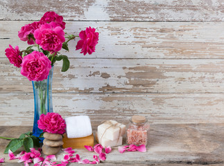 Spa concept with coconut soap,salt,zen stone and beautiful rose