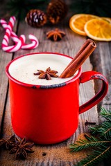 Christmas drink: eggnog with cinnamon and anise in red mug