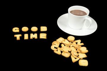 Cup of coffee with Good tine word, Good time phase from cookie
