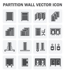 Partition icon. Also called room divider, wall panel, sanitary, portable and cubicle partition. Used for separate or divide interior space and room i.e. office, toilet, bathroom and exhibition.